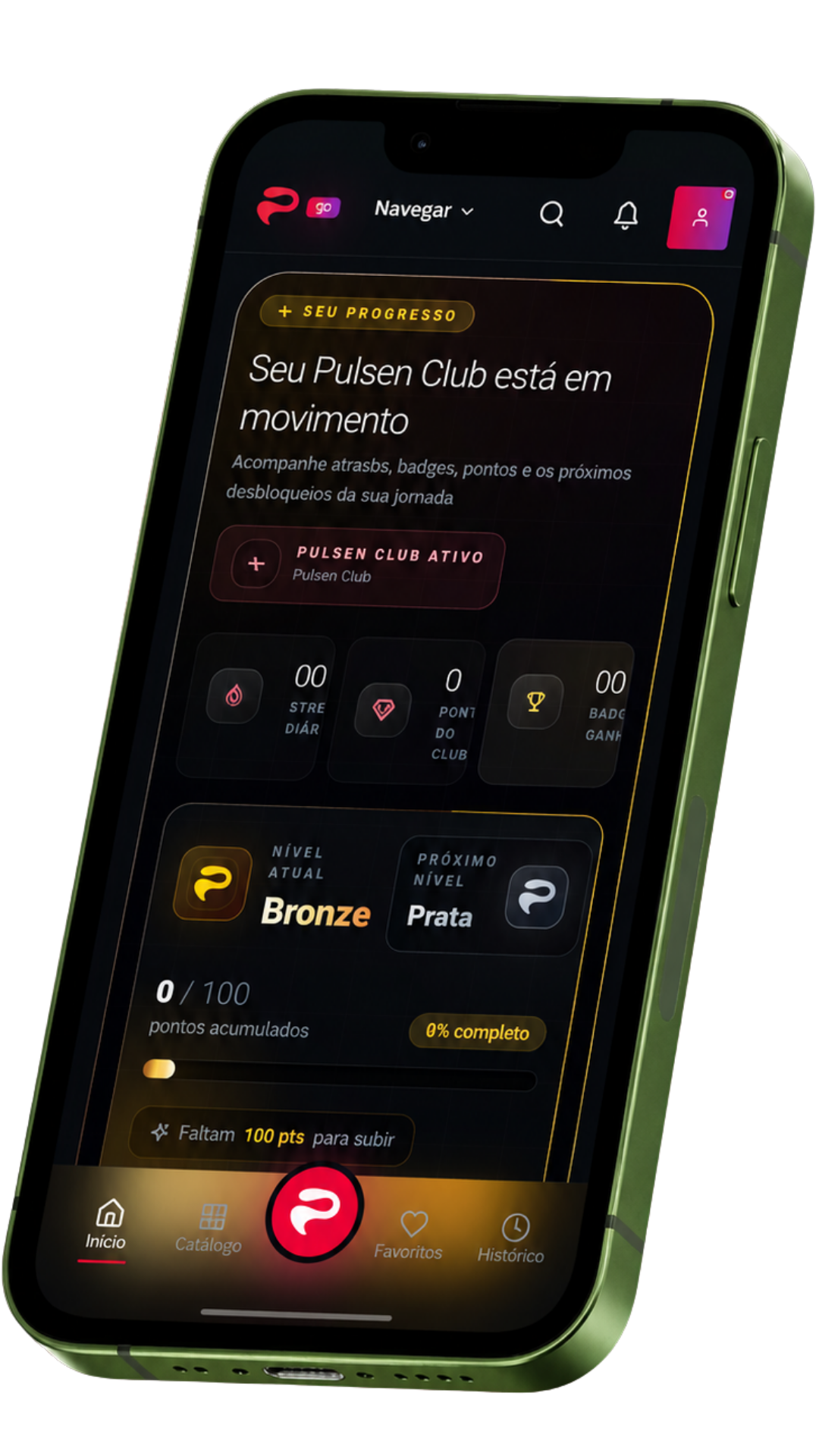 Tela do Pulsen Club no app: níveis, pontos e streaks
